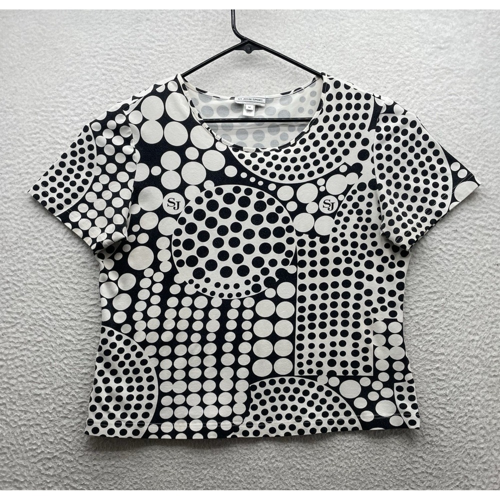 St Johns Sport T-Shirt Womens Medium M Abstract Polka Dot AOP Black White Tennis